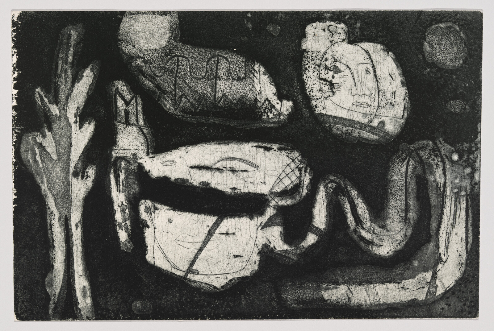 A black and white abstract print featuring a variety of shapes and textures that suggest a dreamlike landscape with face-like forms and organic elements. The composition is dominated by dark tones with contrasting white lines and marks creating a sense of depth and movement.