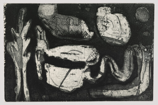Abstract black-and-white print showing layered organic shapes and faint human faces amid dark textures.