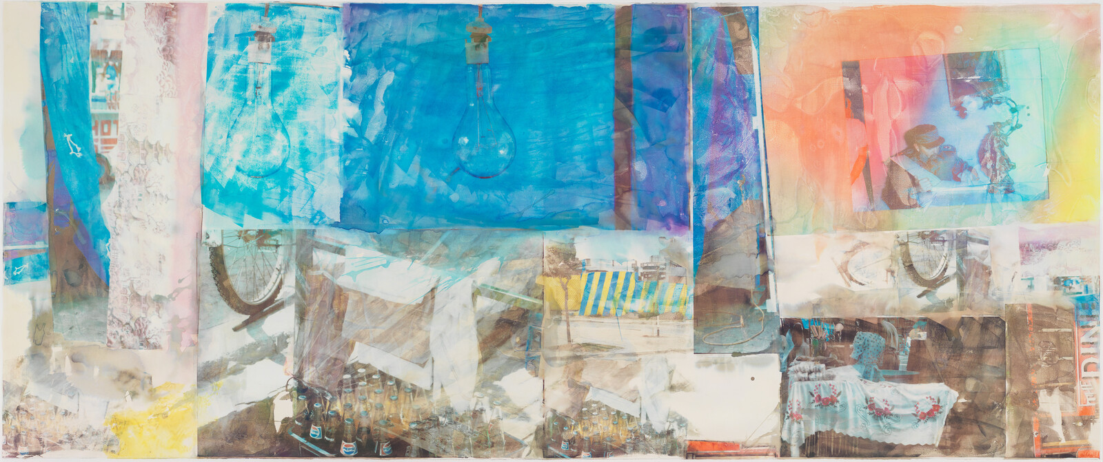 A colorful mixed-media collage showing a hanging lightbulb, bicycle wheel, bottles, and a table with cloth.