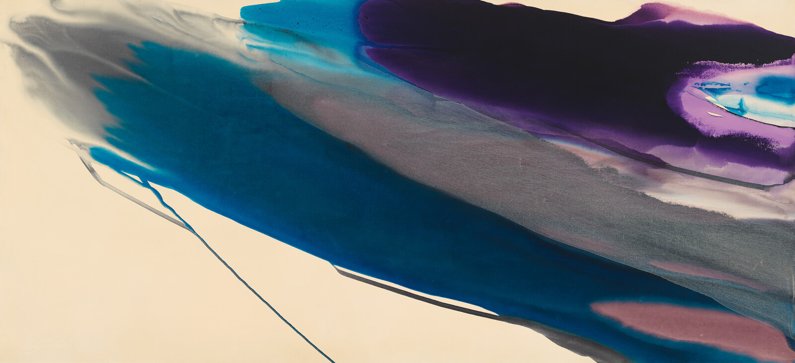 A large abstract painting with sweeping deep blue and purple brushstrokes across a beige background.