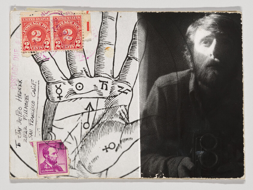Hand palm illustration with astrological symbols and stamps beside a black-and-white portrait of a man.