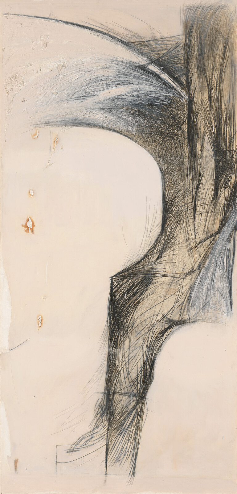 Large sweeping charcoal curves and dense crosshatched strokes dominate a pale background with small stains.