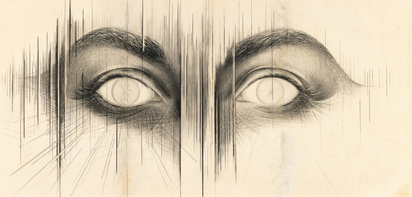 Two large, detailed eyes with vertical lines extending from them, creating a dramatic effect.
