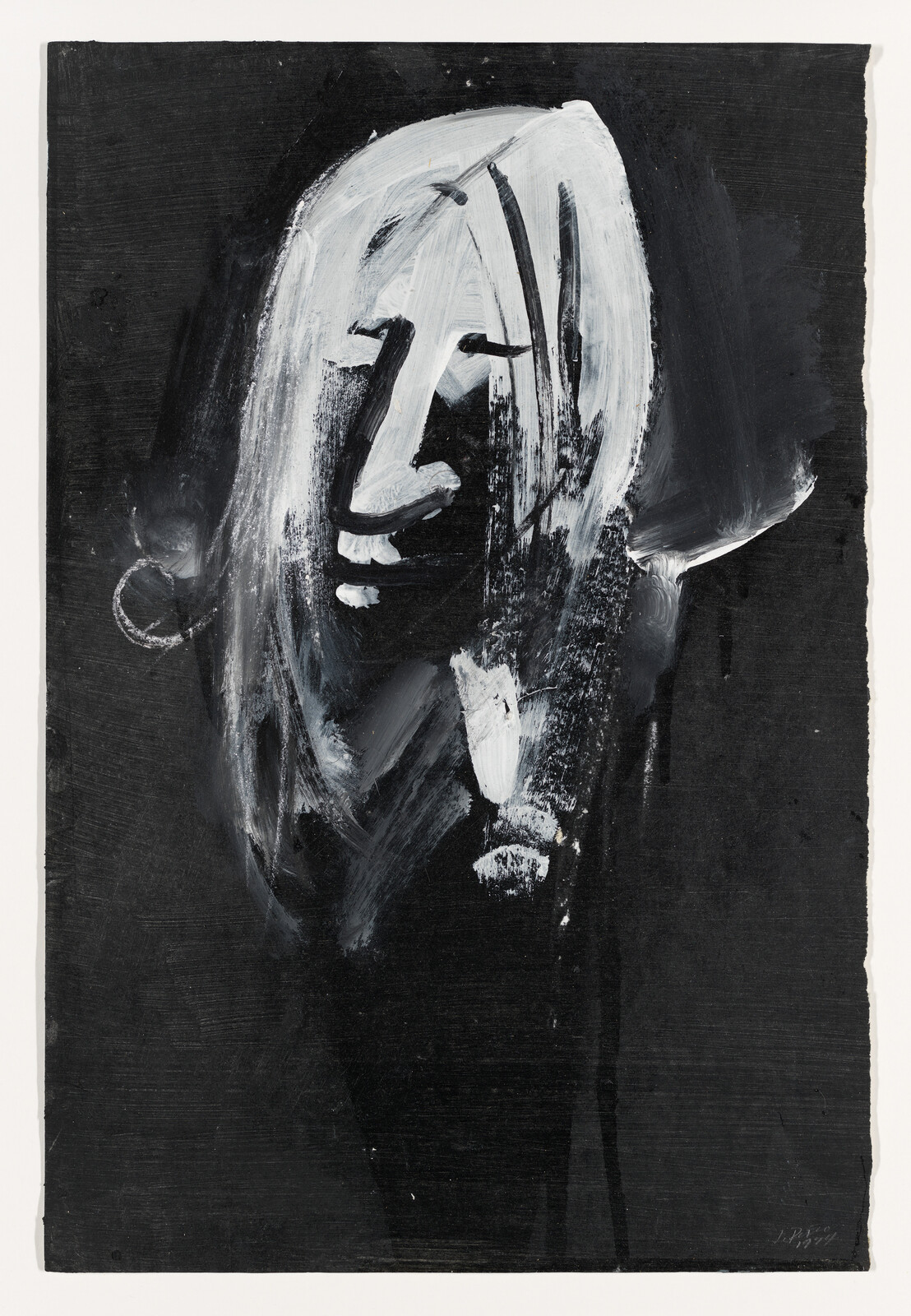 A black-and-white painting of a stylized smiling face with long hair and bold brushstrokes.