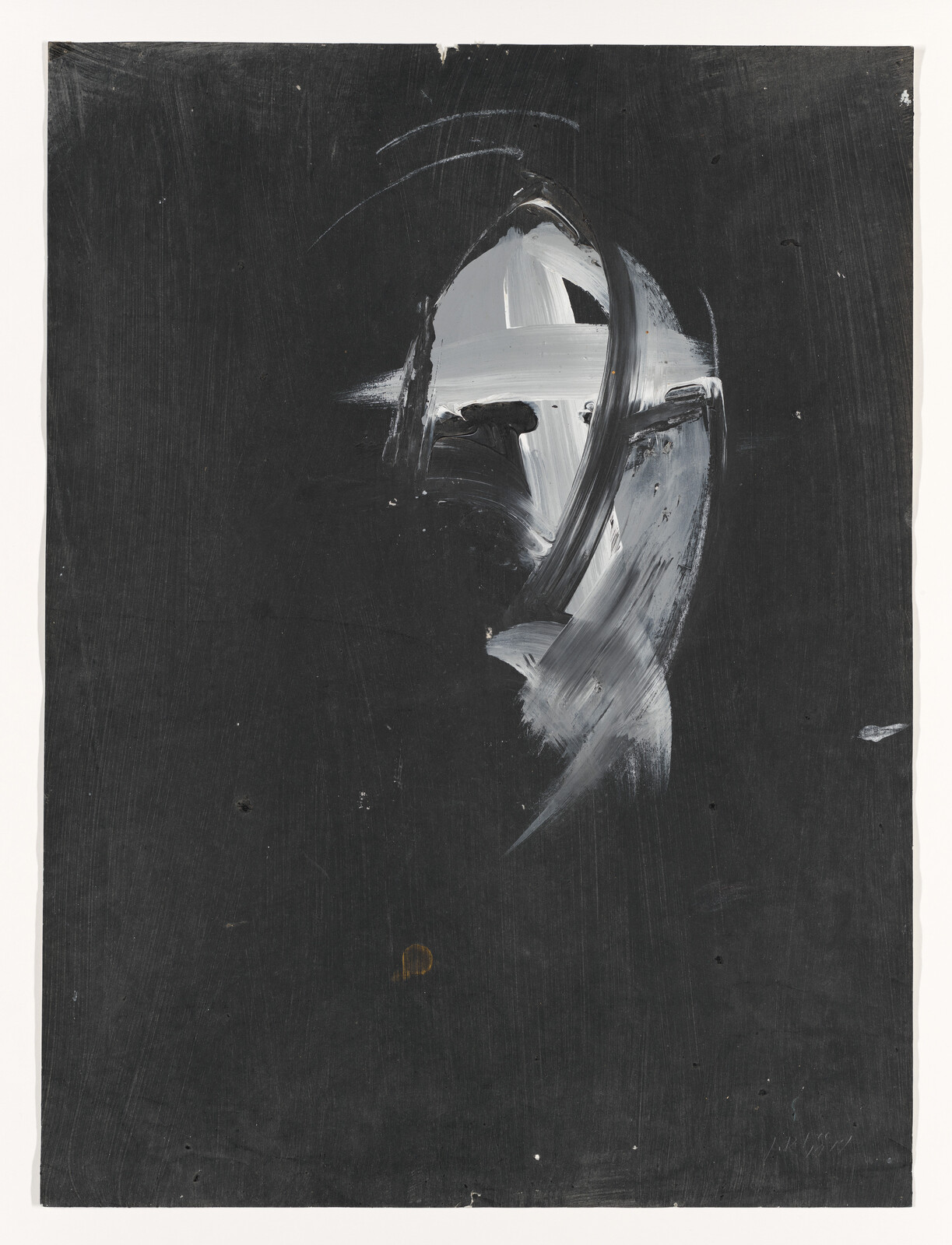 Dark canvas with bold white and gray brushstrokes forming a curved abstract mask-like shape.