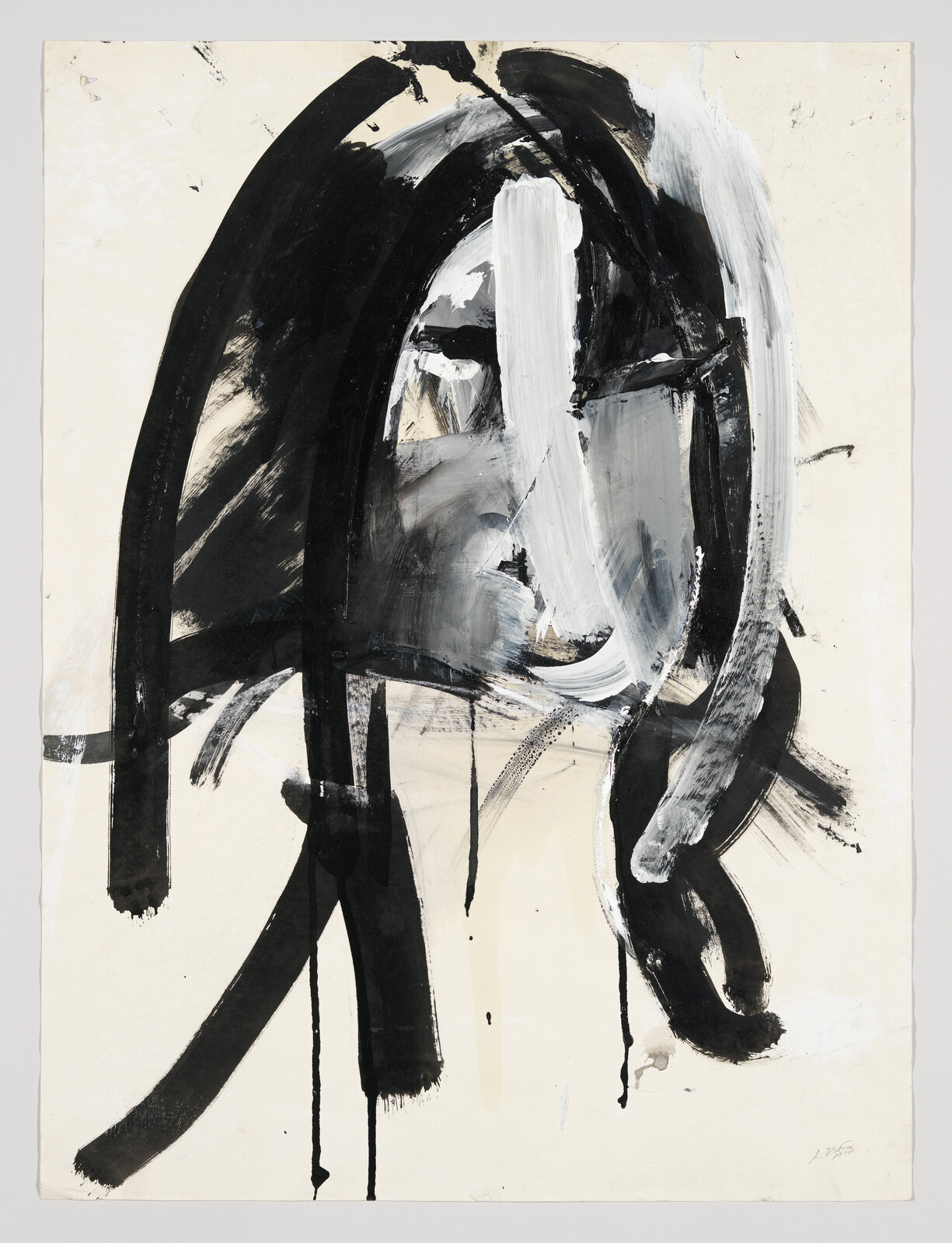 Large black and white brushstrokes form a loose abstract face with dripping paint.