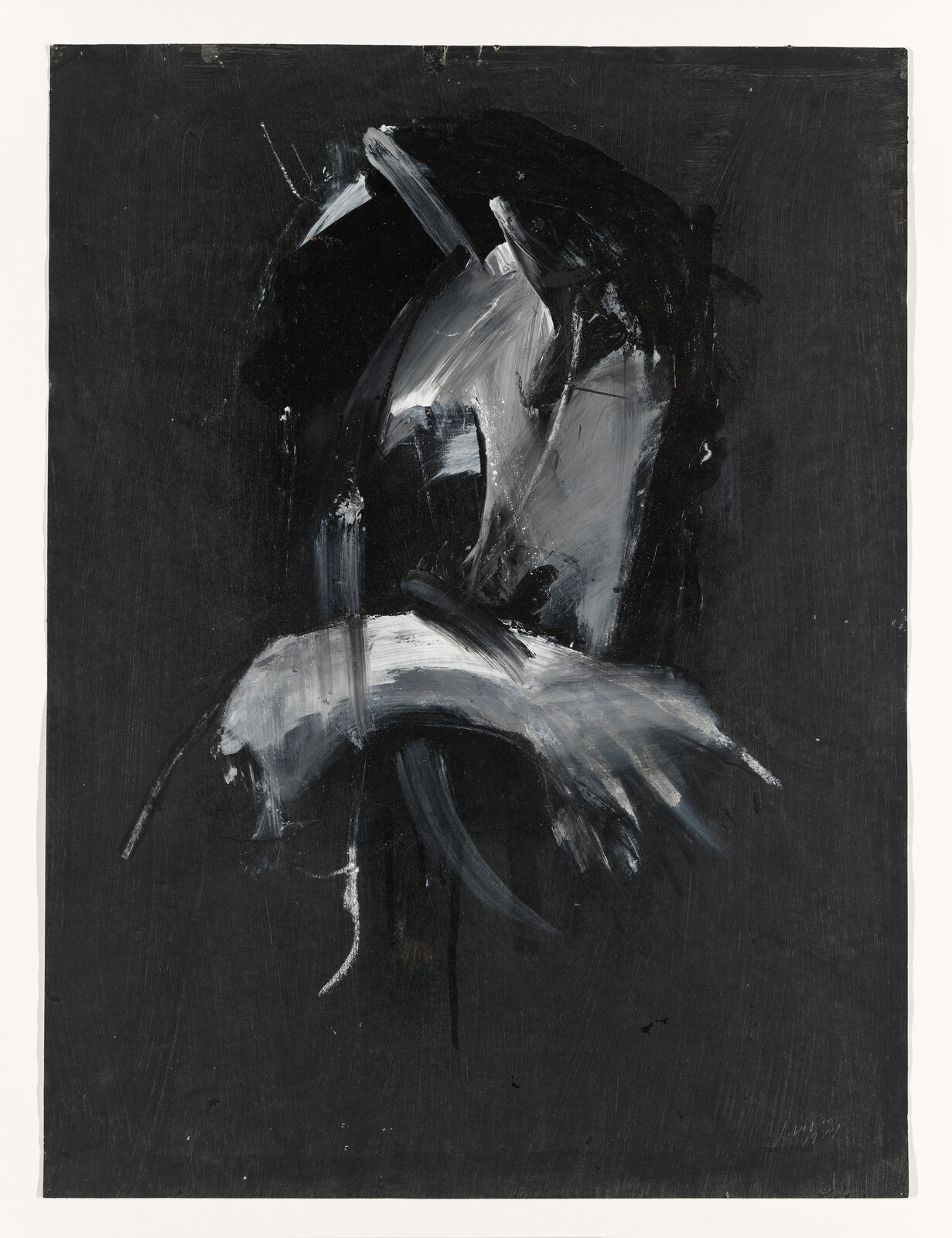 Dark abstract painting showing a ghostly head and shoulders formed by broad white brushstrokes.