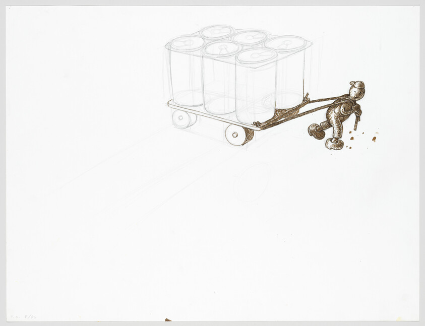 A small stick-figure person pulls a wheeled cart carrying six large cans across a blank space.