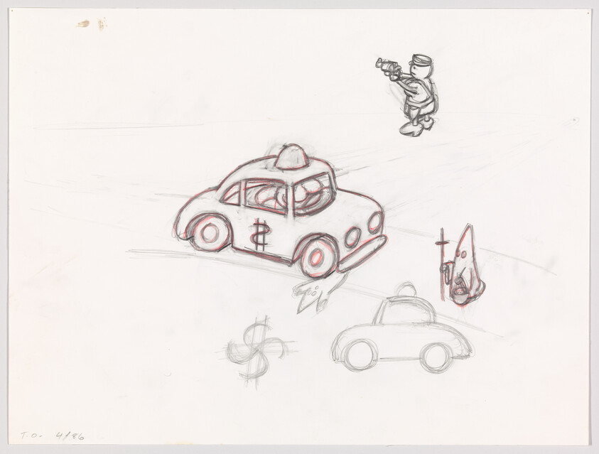 Cartoon car marked with a dollar sign speeds away while an armed officer aims a gun.