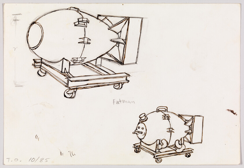 Two sketch views of a Fatman-style bomb on a wheeled cart, one with a face.