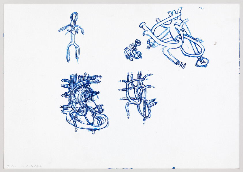 Several blue ink sketches of complex heart-like organs with twisting vessels and connectors on white paper.