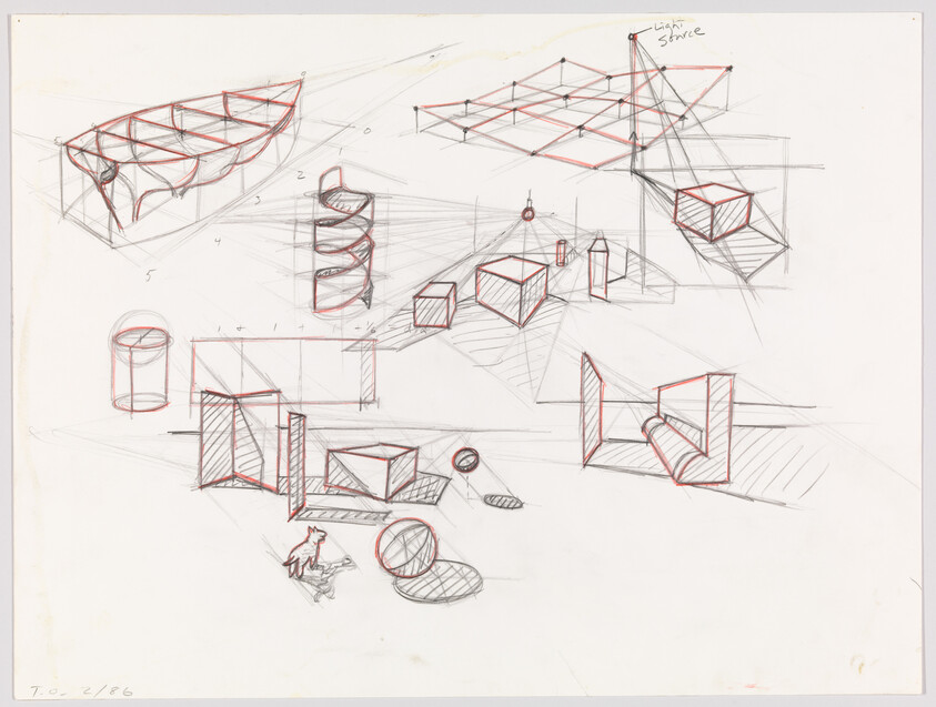 Several perspective sketches of geometric shapes and forms with red construction lines.
