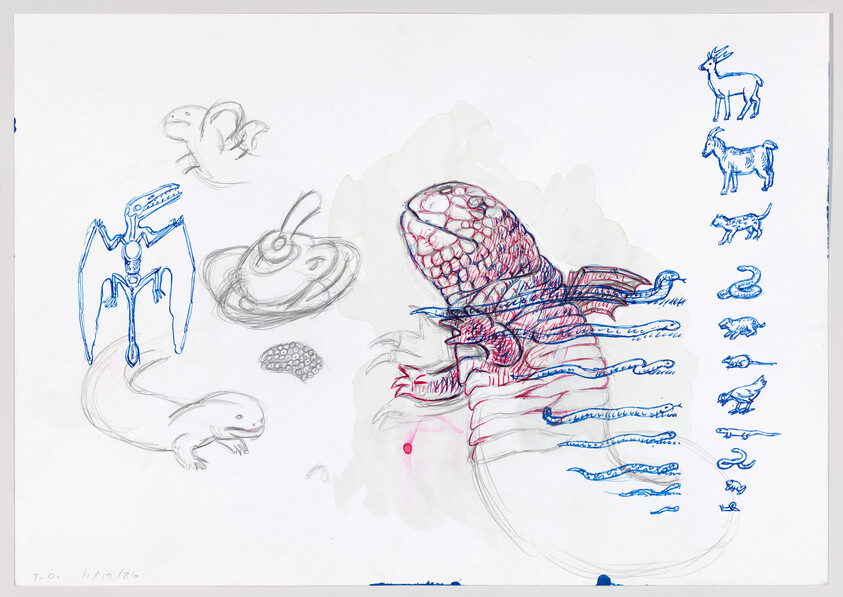 Large red and blue ink sketch of a lizard-like creature with flowing tentacle appendages on a sketchbook page.