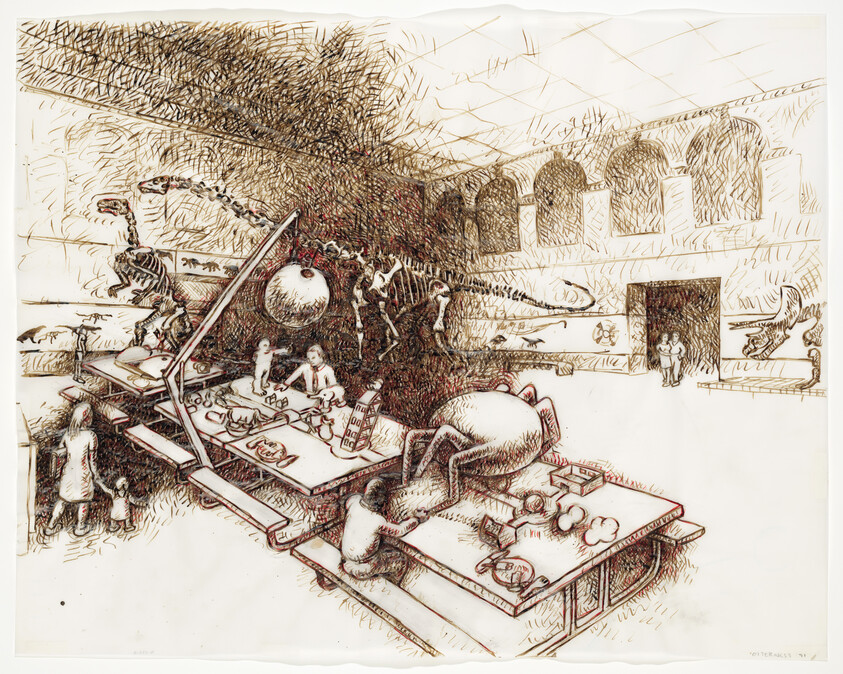 Children and adults examine a large dinosaur skeleton while people work at long tables in a museum hall.