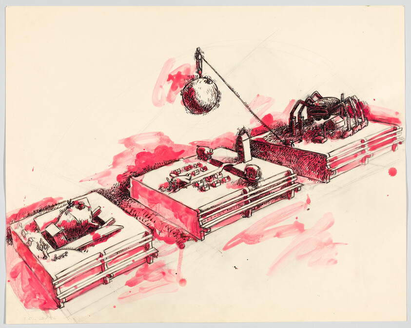 Three raised model platforms show small buildings, a wrecking ball crane, and a large mechanical spider.