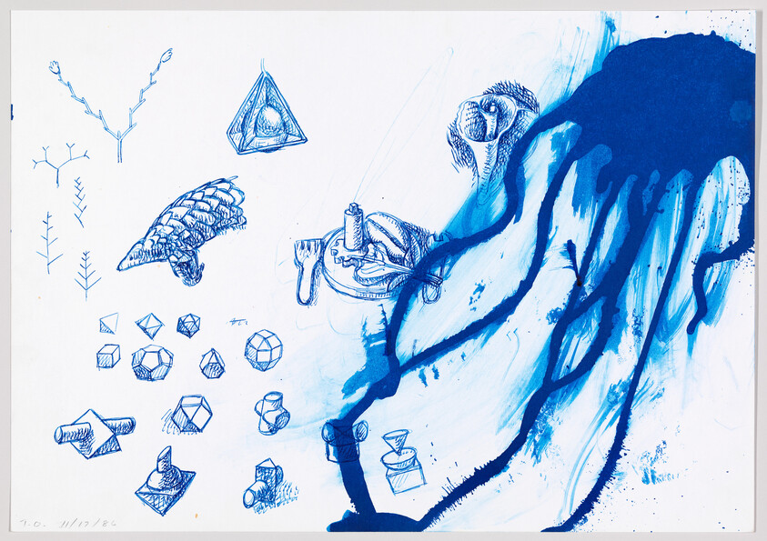 Large blue ink splash with flowing drips beside various small hand-drawn geometric shapes and objects.