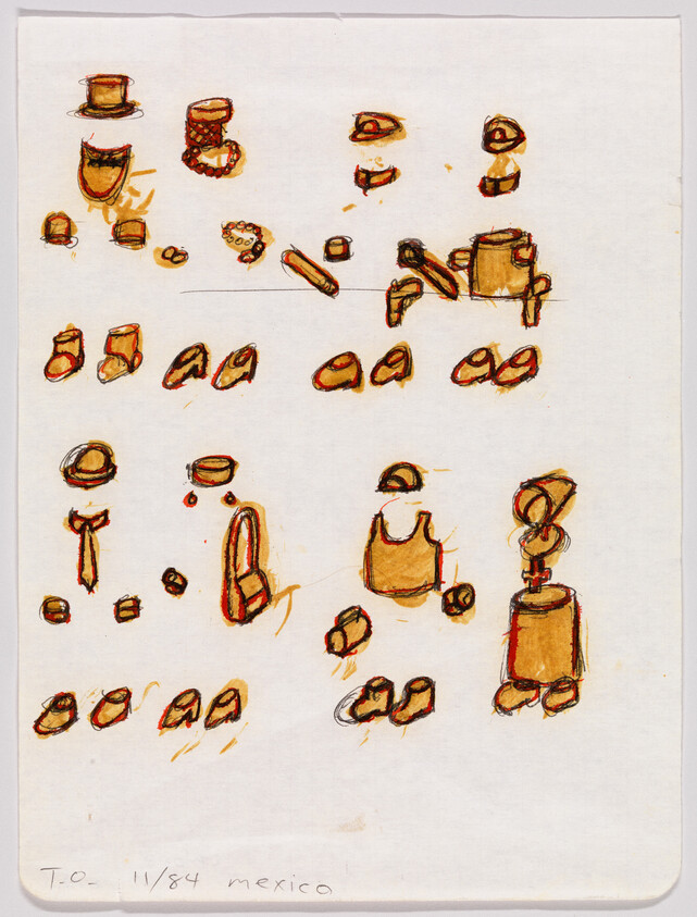 Multiple quick orange and black sketches of hats, shoes, bags, and small accessories on paper.