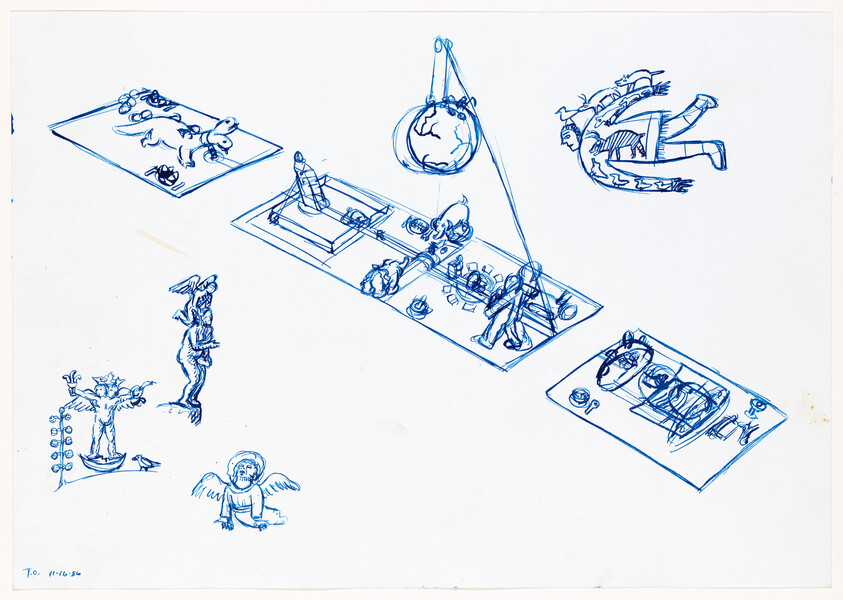 Loose blue ink sketches of small floating scenes, including a hanging globe, figures, and angels.