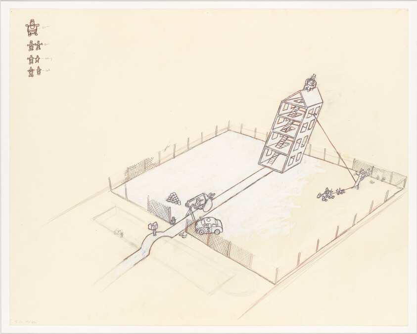 A tall tilted apartment building in a fenced lot is being pulled upright by ropes and vehicles.