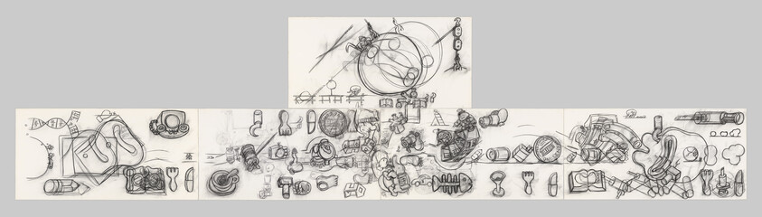 Wide pencil sketch showing scattered everyday objects, utensils, and abstract shapes across connected panels.