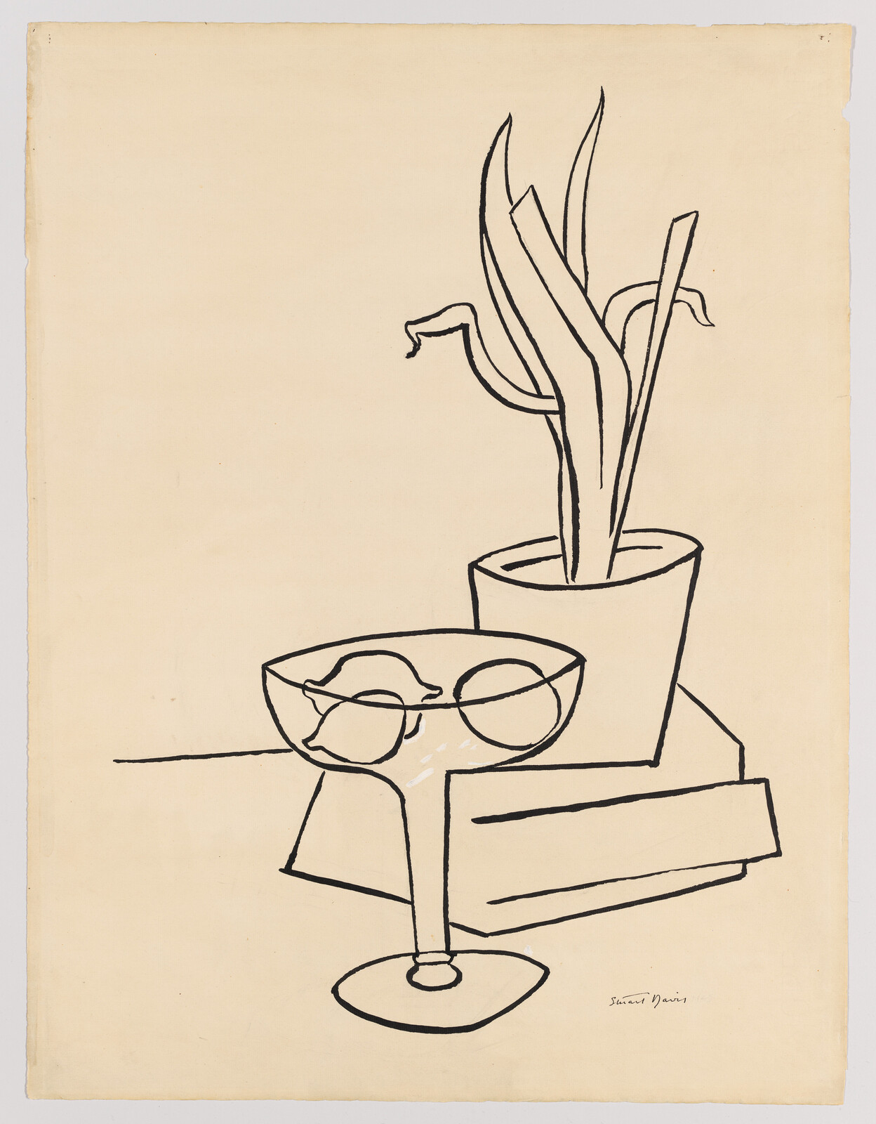 A simple line drawing of a potted plant next to a stemmed bowl holding two lemons.