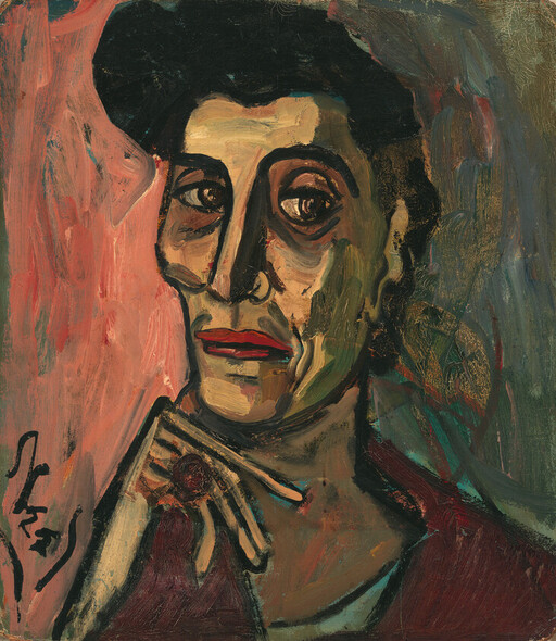 Painted portrait of a person with hand under chin and intense, shadowed facial features.