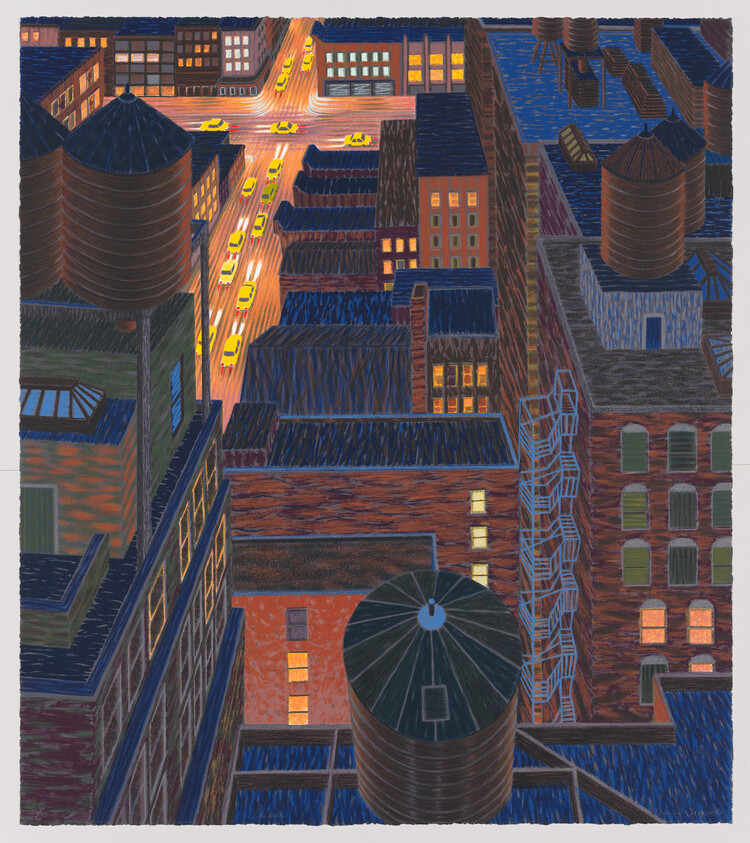 Rooftop view of city water towers overlooking lit streets and a line of yellow taxis at night.