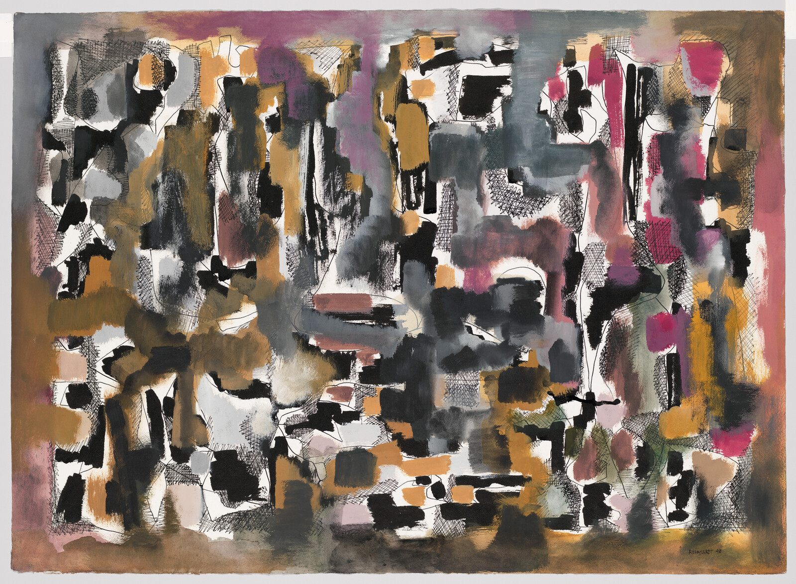 Abstract painting with overlapping shapes in black, brown, gray, and pink, creating a busy, textured pattern.