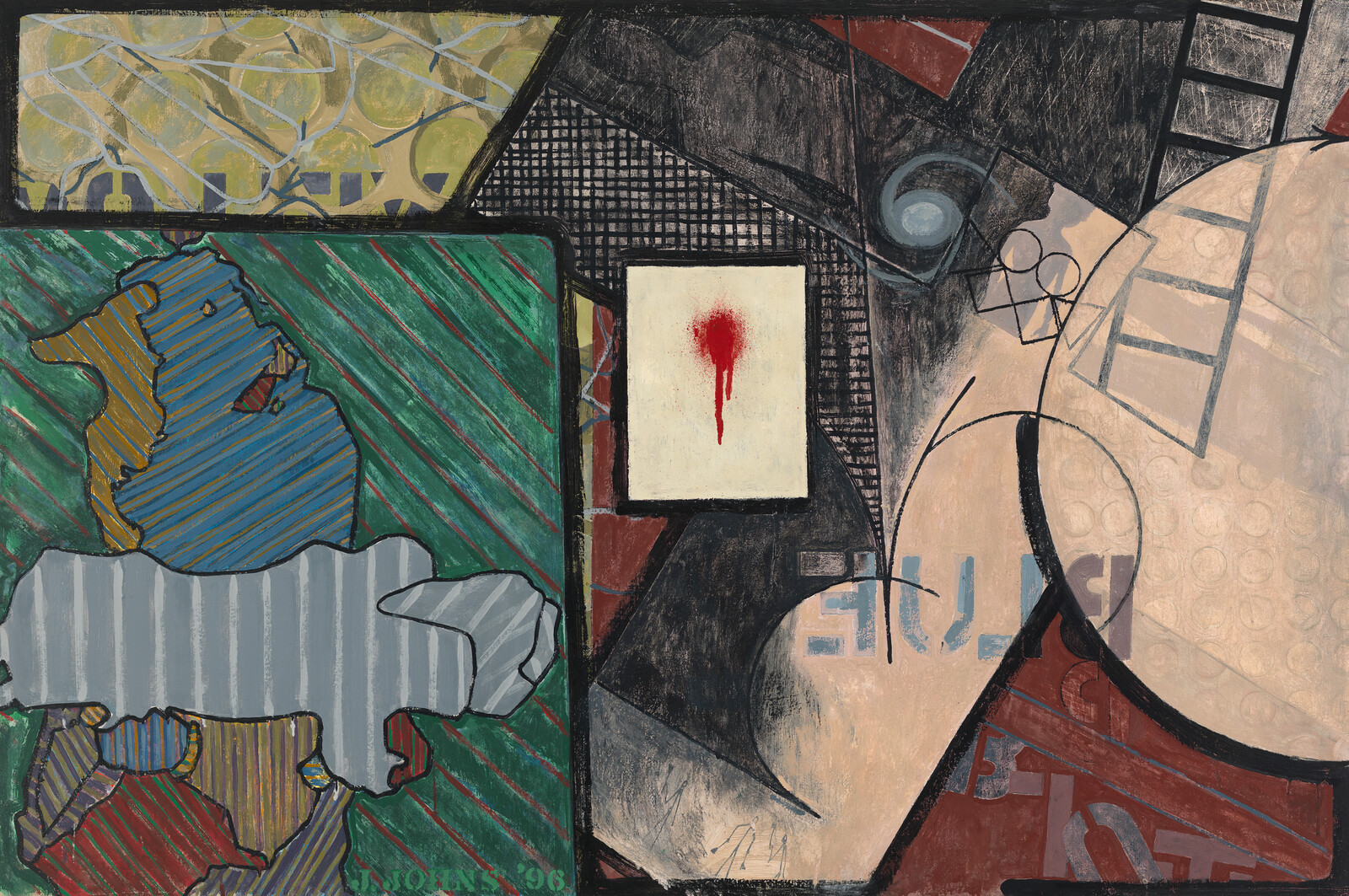 Abstract painting with colorful map-like shapes, green striped background, and a central white square with red drip.