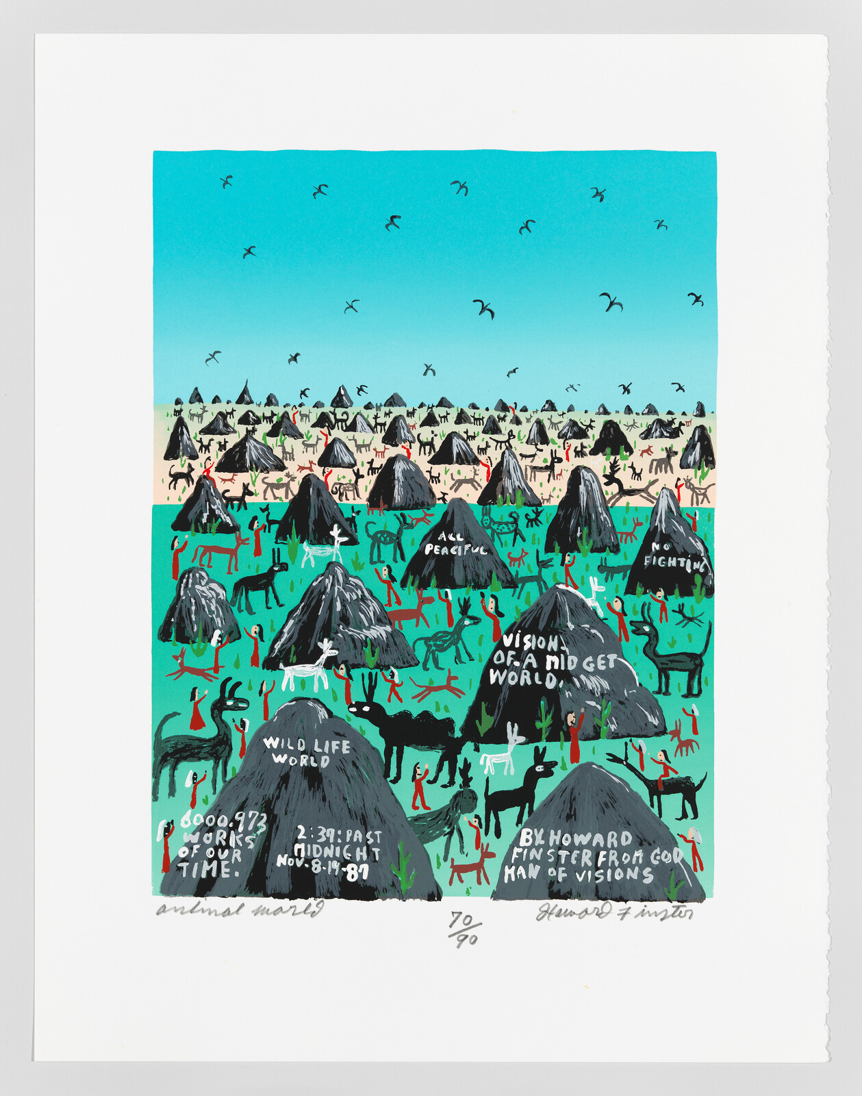 Many small dark huts and animals fill a field, with handwritten signs like "wild life world."