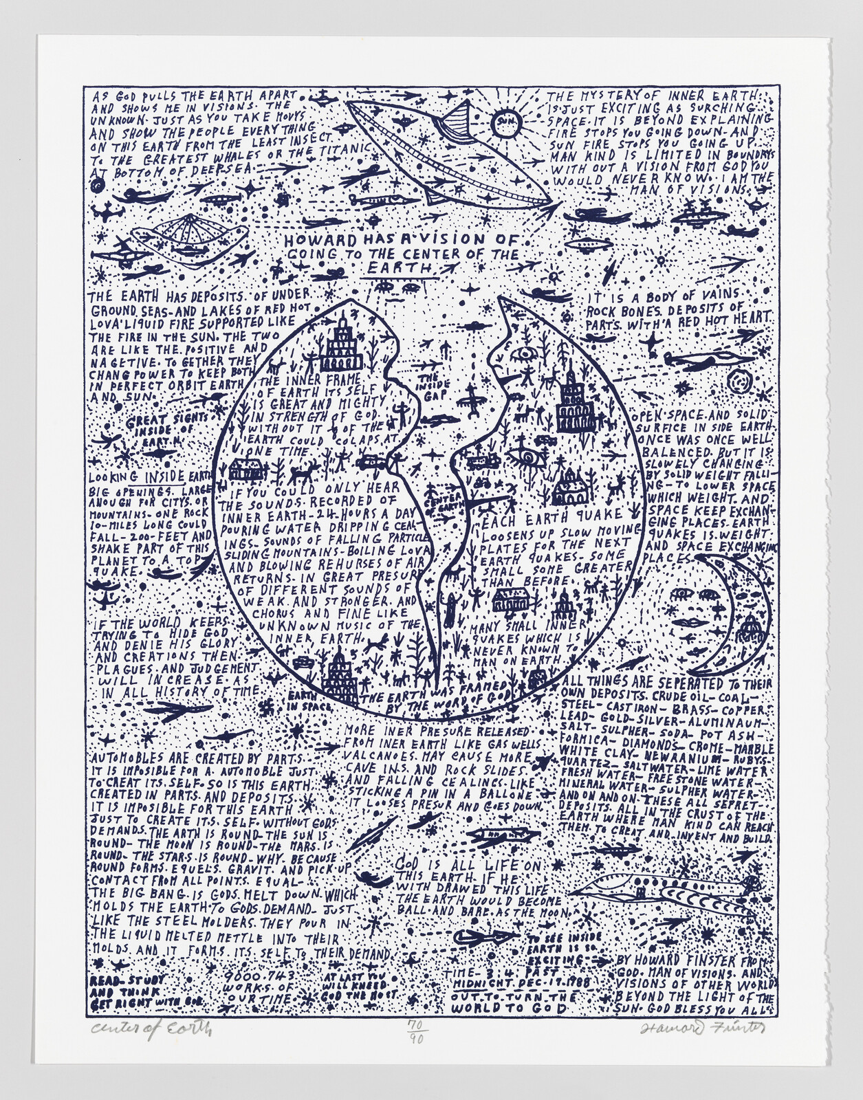 Hand-drawn map showing a vision of the Earth's interior with dense handwritten notes.