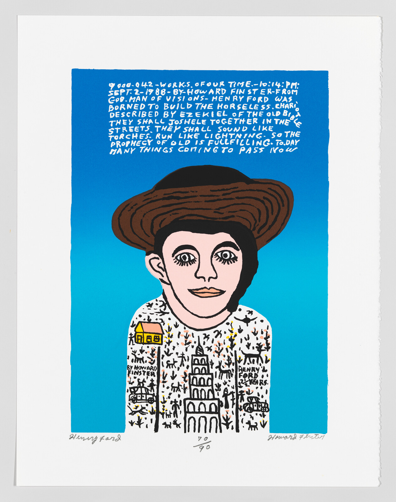 A stylized portrait of a person in a wide hat with handwritten text above and illustrated shirt.
