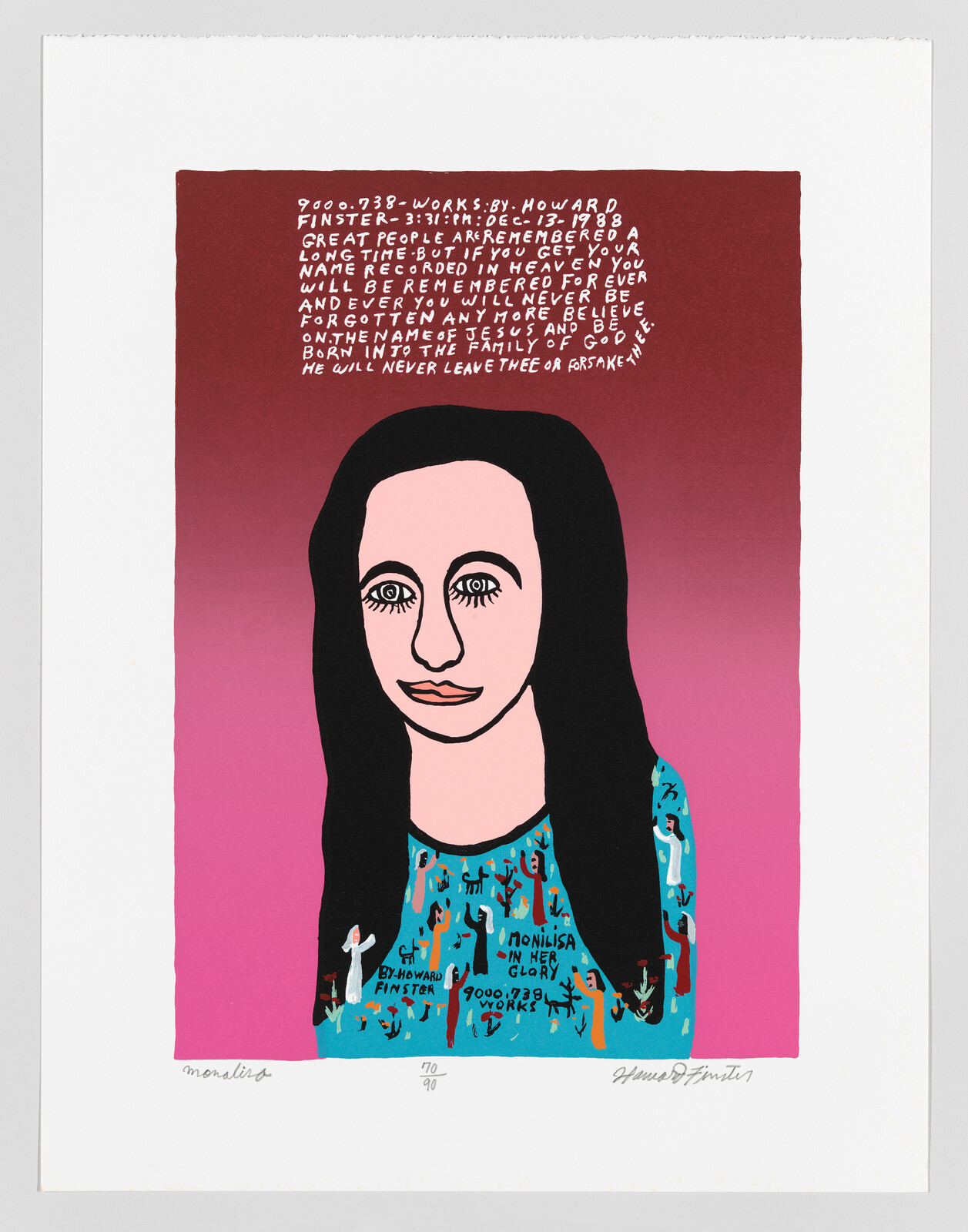 Stylized portrait of a woman with long dark hair and handwritten text above her head.