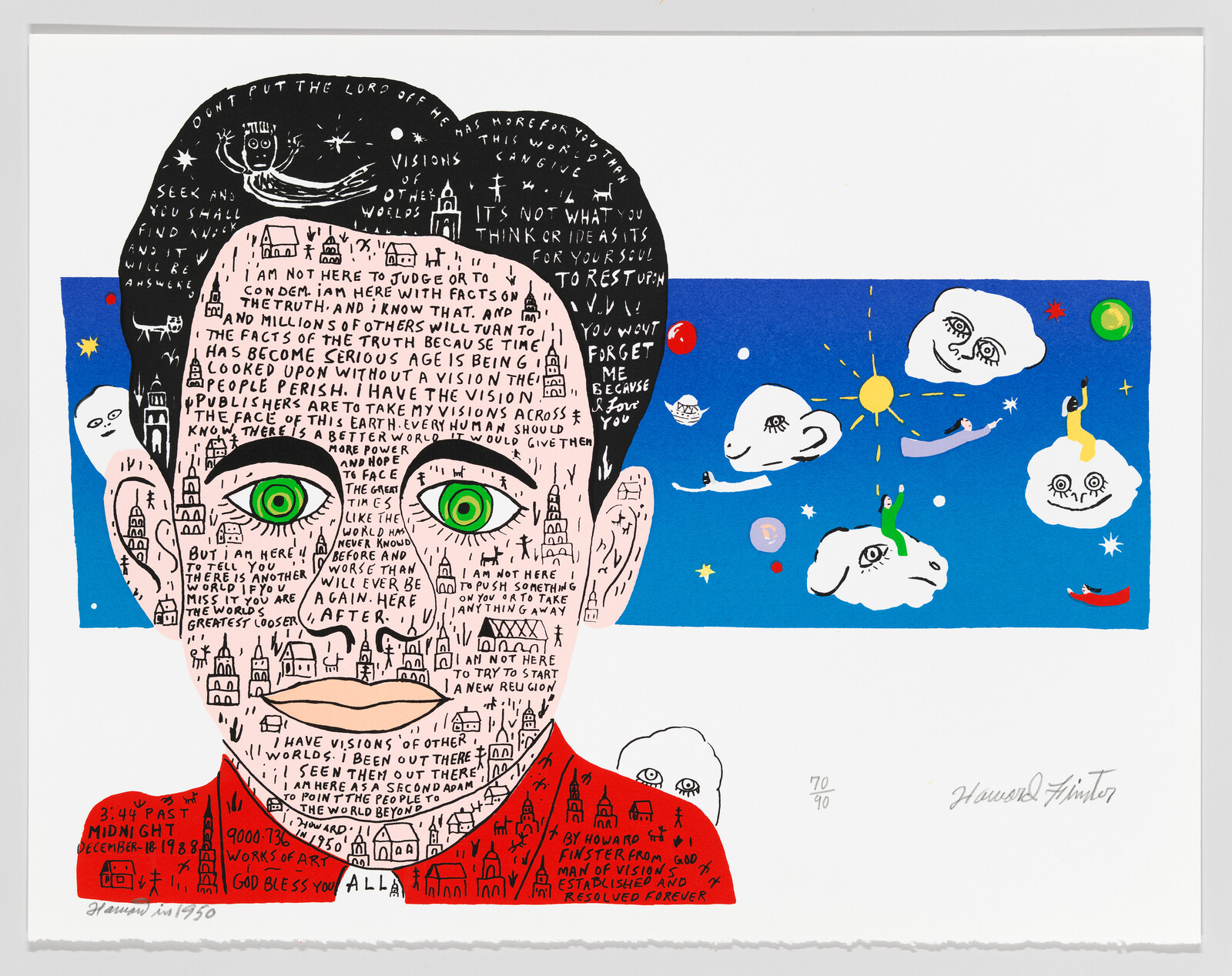 A stylized portrait of a face covered in handwritten text and green spiraled eyes against blue sky.
