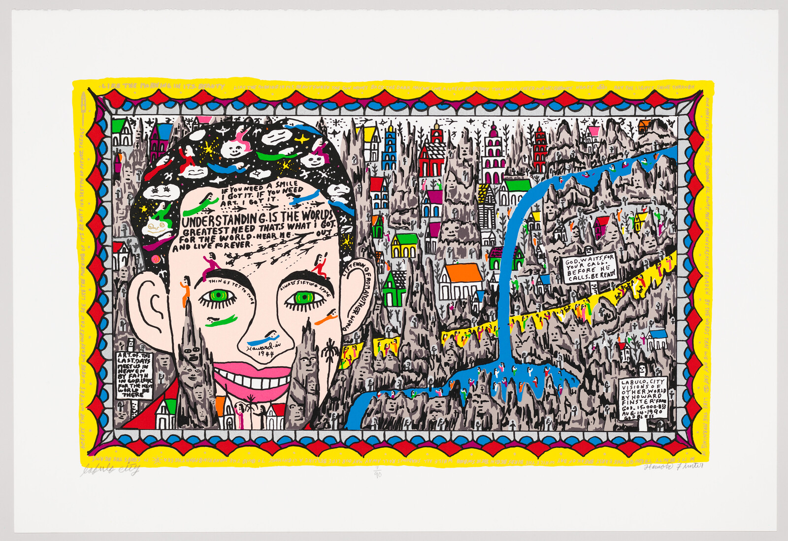 Large smiling face filled with drawings and text overlooks a colorful city and winding blue river.