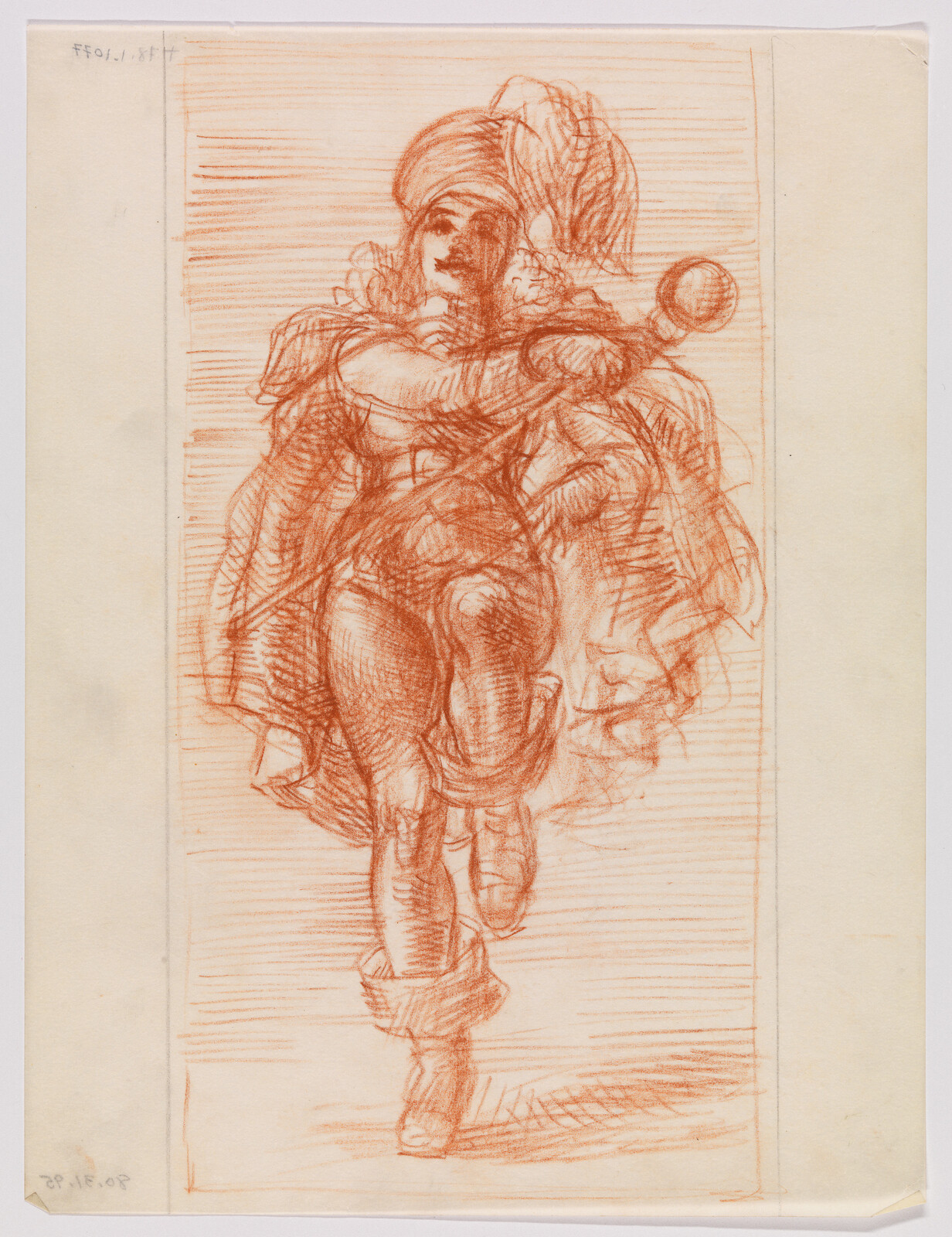 A costumed dancer kicks forward wearing a feathered hat and a flowing cape.