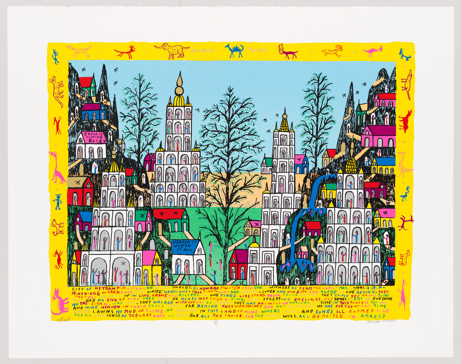 A bright, stylized cityscape with tiered white towers, trees, and colorful houses framed by a yellow border.