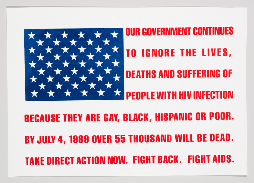 A American flag, where the red stripes are replaced with red words that detail the HIV epidemic