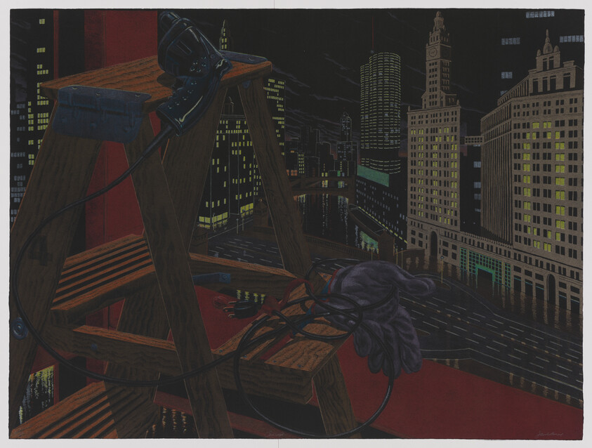 Stepladder with gloves and power drill cables on rooftop overlooking a lit city river at night.