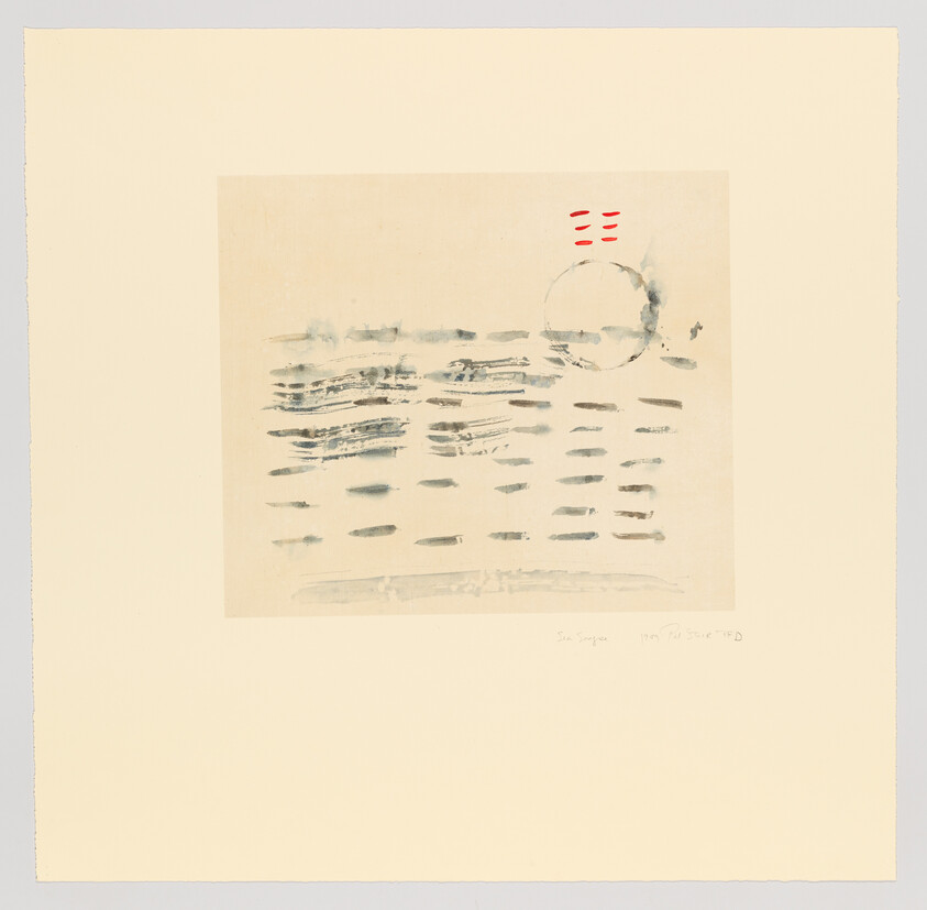 Abstract watercolor with horizontal blue-gray brush strokes, a faint circular mark and three red dashes.