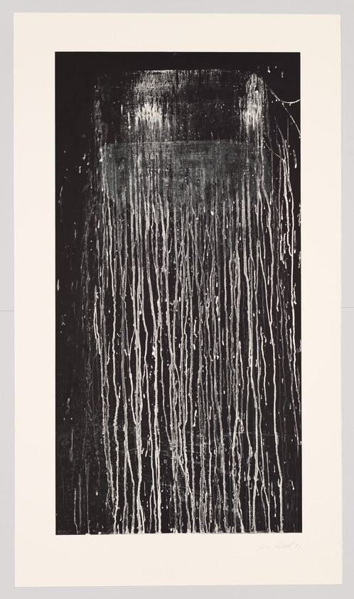 Tall black panel with vertical white paint drips running down across the surface.