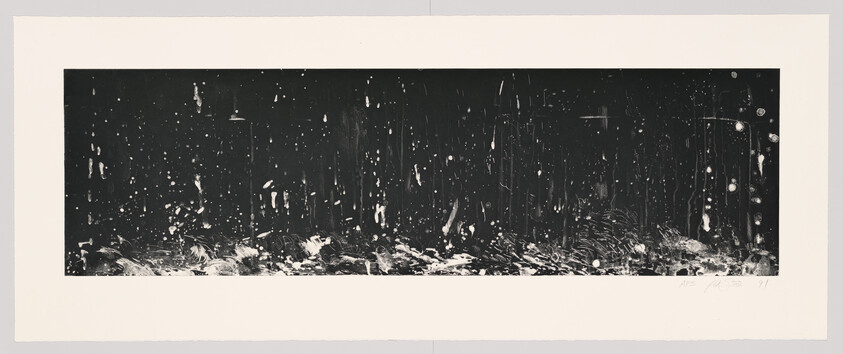 Long horizontal black print with white paint drips and splatters concentrated along the lower edge.