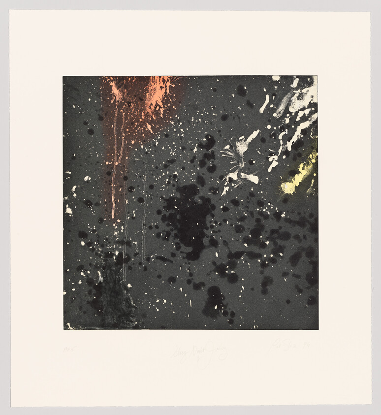 An abstract art print featuring a dark background with splatters of white, orange, and yellow paint. The composition is spontaneous with drips and splashes creating a dynamic and textured appearance. The print is signed and dated in the lower right corner, with edition information on the lower left.