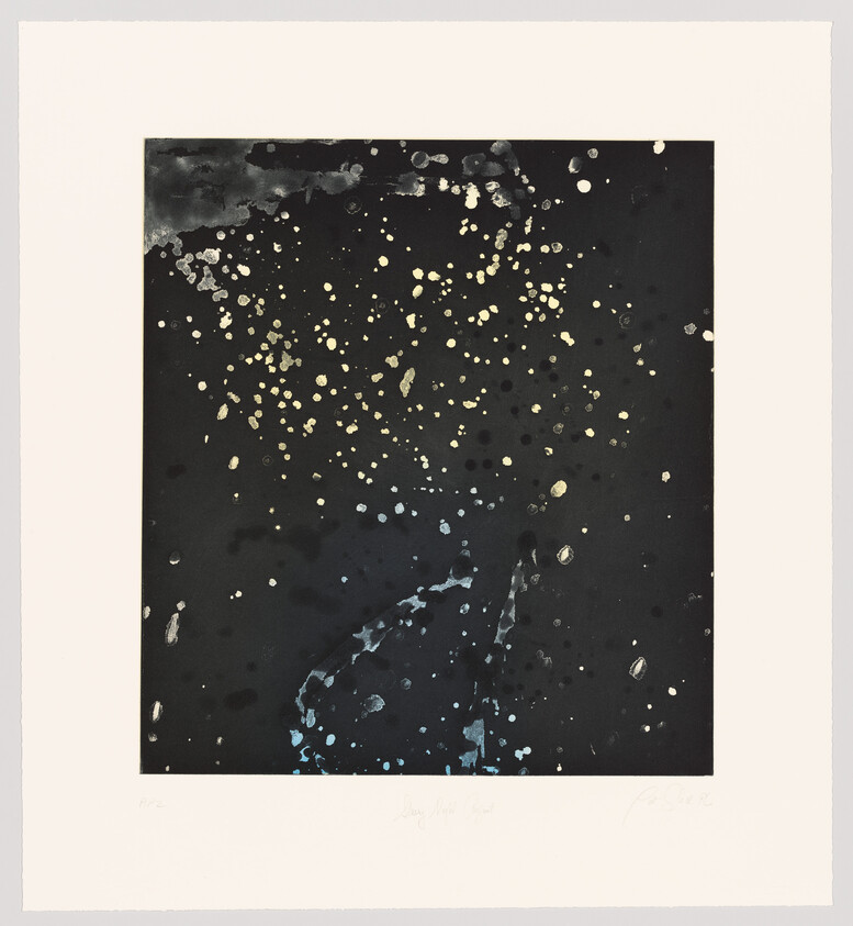 A square abstract artwork with a predominantly black background featuring splatters and speckles of white and gold paint, resembling a starry night sky. The piece is bordered by a white margin with artist's signatures and edition number at the bottom.