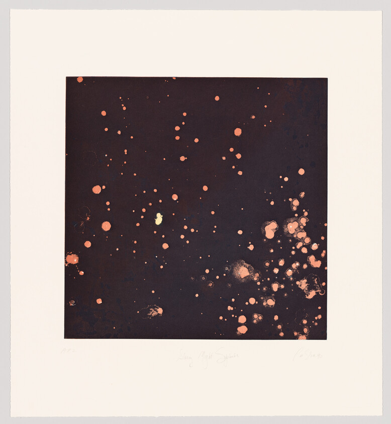 A print with a dark background featuring an array of scattered pink and white splotches, resembling a starry night sky. The bottom of the image includes handwritten text and signatures.