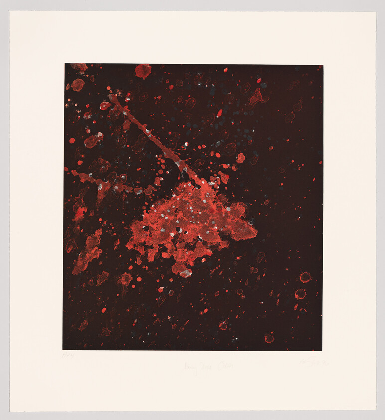A framed abstract artwork featuring a dark background with splashes of red and white paint, resembling a cosmic or celestial scene. The bottom of the image includes handwritten text and numbers, possibly indicating the title of the piece and edition information.