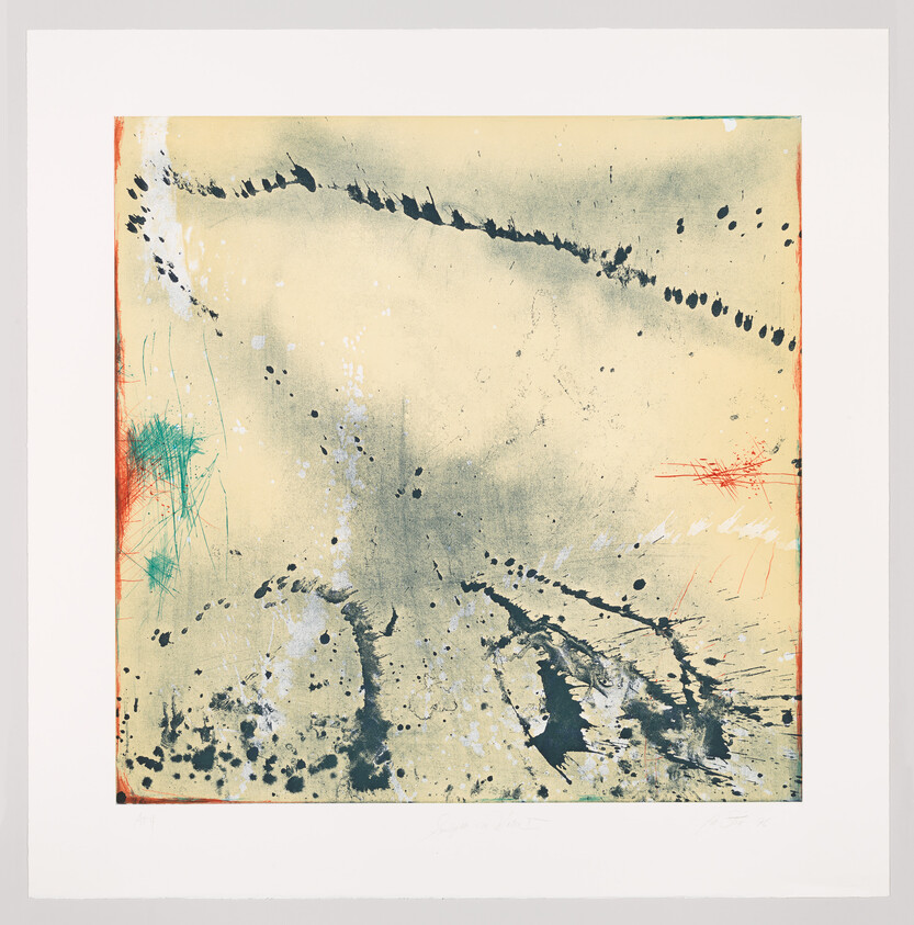 Abstract square painting with scattered dark splatters, teal scribbles, and red accents along edges.