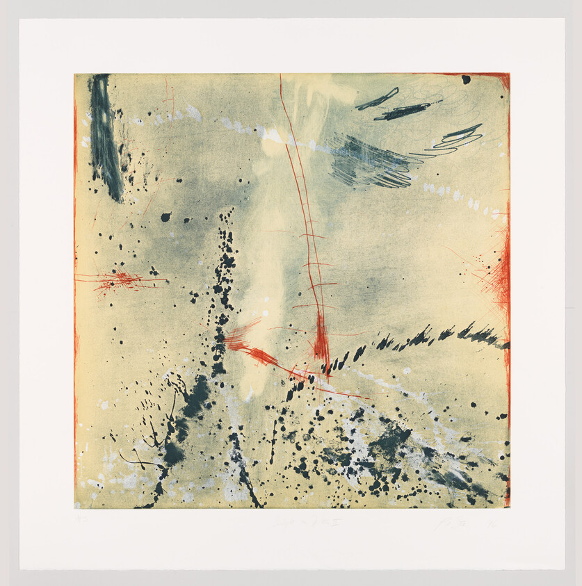 Abstract painting with pale yellow background, dark ink splatters, and red linear accents across the surface.