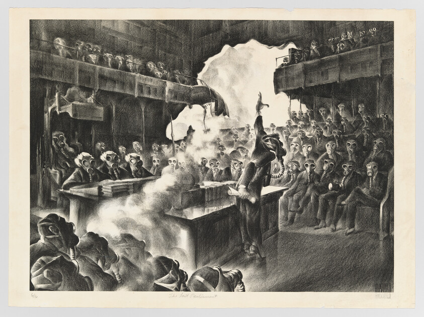 A detailed black and white illustration depicting a courtroom scene filled with anthropomorphic creatures wearing gas masks. The judge, also wearing a gas mask, is seated at a high bench, while a cloud of smoke envelops the central figure, who appears to be addressing the court. Spectators and jurors, all in gas masks, fill the room, creating a surreal and dystopian atmosphere. The artwork is titled "The Jury Deliberates."