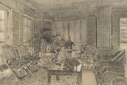 Cozy living room with patterned sofas, folding chairs, a low coffee table, and several potted plants.